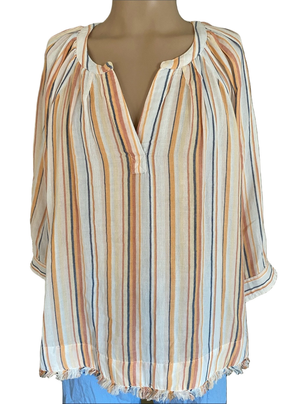 Liverpool Striped Peasant cotton Tunic - Cream, Orange & Blue